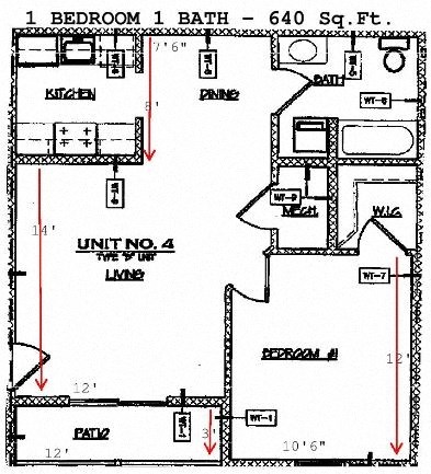 Floor plan for 1 bed, 1 bath, 700 sqft